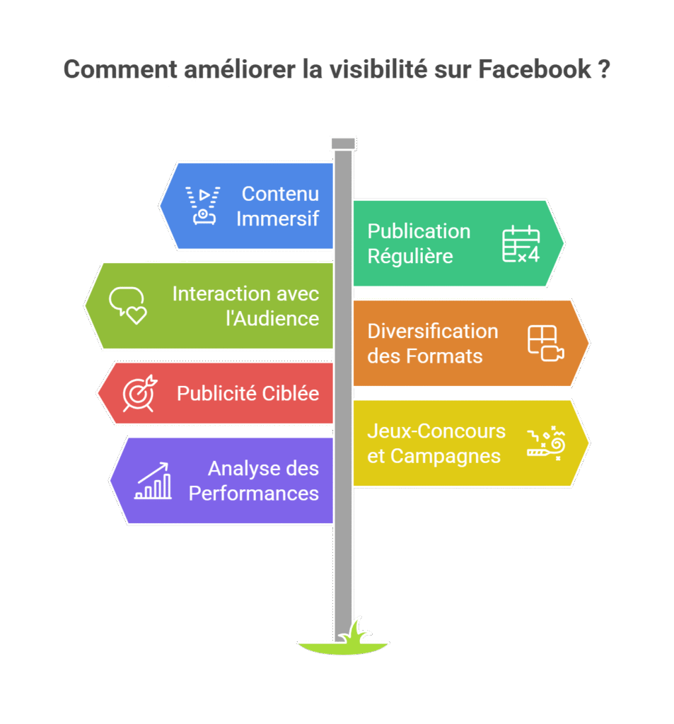 6 conseils pour améliorer la visibilité sur Facebook : contenu immersif, interaction avec l'audience, publicité ciblée, analyse des performances, publication régulière, diversification des formats, jeux-concours et campagnes.