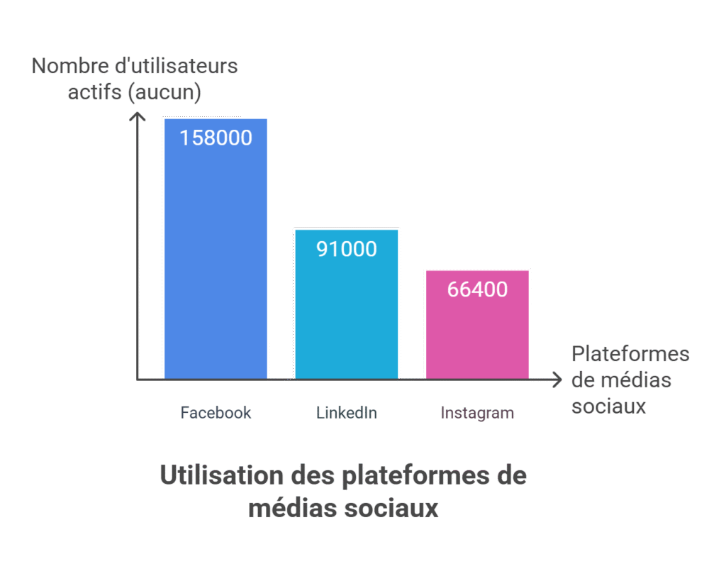 Graphique à barres affichant le nombre d'utilisateurs actifs : Facebook avec 158 000, LinkedIn avec 91 000 et Instagram avec 66 400. L'axe des abscisses répertorie les plateformes de médias sociaux ; l'axe des ordonnées indique le nombre d'utilisateurs actifs.