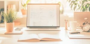Un bureau lumineux et ensoleillé sur lequel est posé un ordinateur portable avec des documents numériques est entouré d'une plante en pot, d'un smartphone, d'un cahier ouvert, de stylos dans un support, d'une tasse à café et d'un réveil. Cet espace de travail accueillant est parfait pour la productivité à l'aide de votre outil numérique préféré.