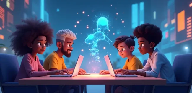 Quatre jeunes utilisant un ordinateur portable. Des icônes numériques lumineuses et participant au AI4GOOD Festival 2025