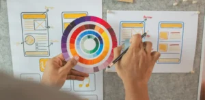 Un concepteur de site Internet de Nouvelle Calédonie tient une palette de couleurs circulaire et pointe un crayon sur des maquettes de sites web épinglées sur un tableau, indiquant la conception et la sélection des couleurs pour un projet d'interface numérique.